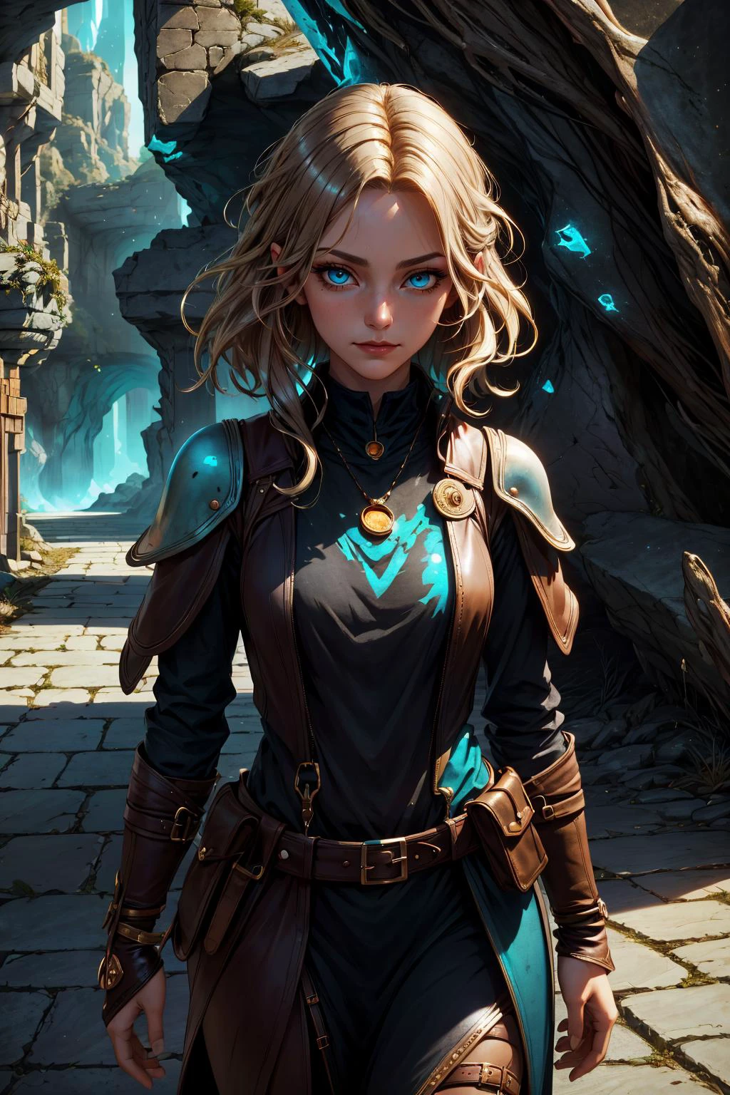 (masterpiece, best quality), 1 girl, adult (elven:0.7) woman,  teal eyes, natural blonde messy hair,
portrait, looking down, solo, (full body:0.6), detailed background, detailed face, (dwemertech, ancient theme:1.1), smirk, smuggler,    dynamic pose, elaborate dark leather (armor:0.7), belts, keys,  small leather pouch,  high fantasy medieval setting, dark cave background, stealth,   suspicious,   stolen goods,  (crates in background:0.8), secret passage,  shadows,  dark atmosphere,