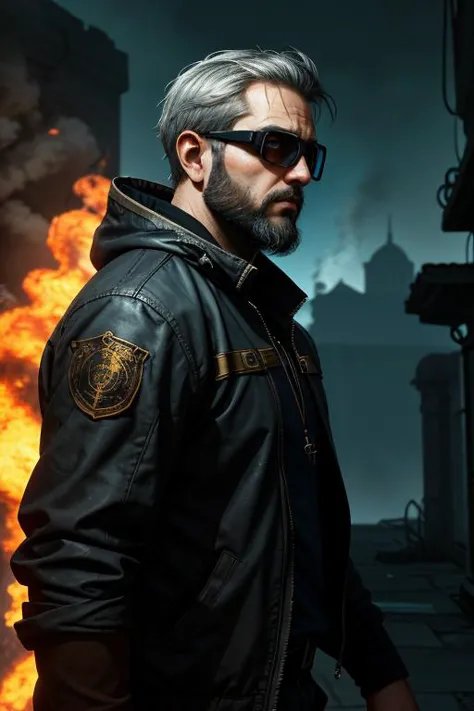 best quality,masterpiece,(1man, thin adult italian male:1.2),  blue eyes, silver hair, fade with beard,   solo, from side, side view, upper body, looking away, detailed background, detailed face, (dwemertech, ancient, brass theme:1.1), secret agent,       heist, infiltration,  intelligence, running, techwear, purple spy clothes, goggles, explosions in background, low light, mysterious cinematic atmosphere,,