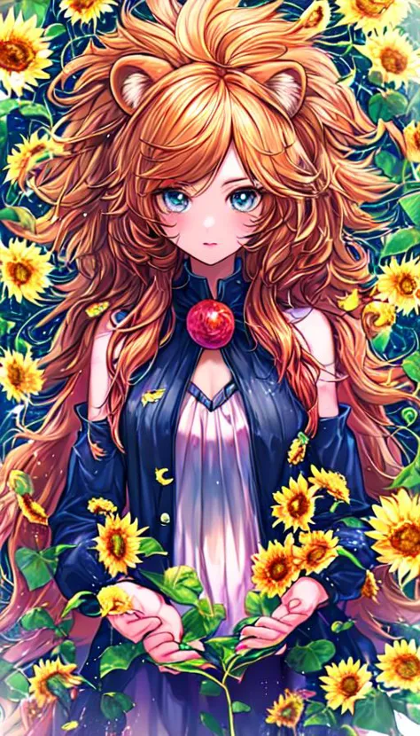 beautiful surreal art, precious catgirl, (lion mane) looks like a sunflower, (highres:1.1), best quality