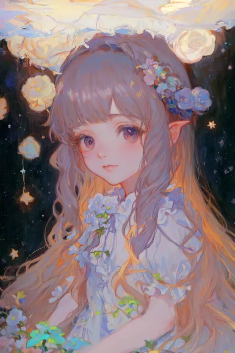 a painting of a girl with long hair and a flower crown