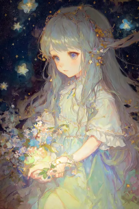 a painting of a girl with long hair holding flowers