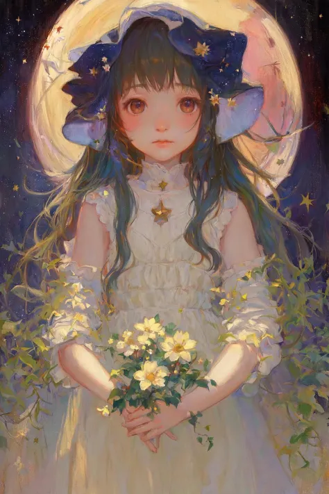 Studio Lighting,Moody Lighting,a little girl with long hair in space,star,(from deeep below:1.2),realistic portrait,white long stockings,[(outline:1.2)]MOCA2,Character illustration style,masterpiece,best quality,cut face,deep eyes,flower,rim light,blurry a...