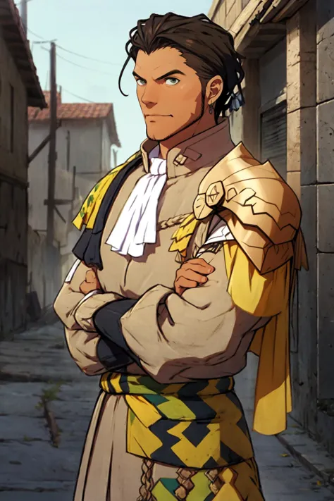 best quality, Mature male, arms crossed, <lora:Claude:1> ClaudeAfter, holding bow