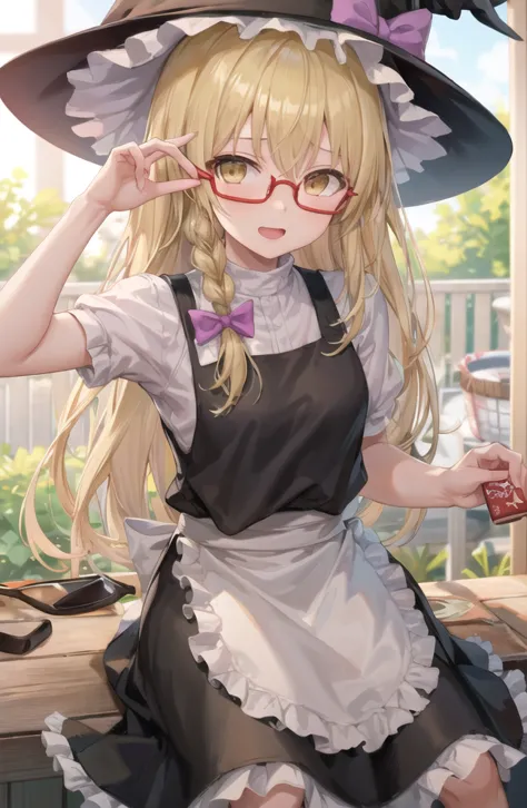 anime girl in a witch hat and glasses sitting on a porch