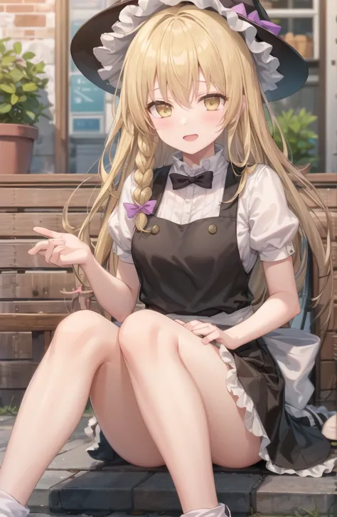 anime girl sitting on a bench with a hat on