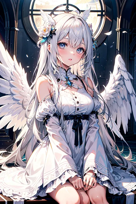 anime girl with angel wings sitting on a bench in a church