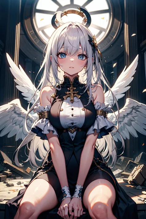 best quality, masterpiece, ultra-detailed, illustration, (beautiful detailed eyes), beautiful, amazing, detailed eyes, (detailed skin), (oily skin), 1girl,solo,angel girl, tattered church, rubble, scattered glass,white hair, long hair, fluttering hair, halo, ahoge, splendid priestly clothes, big wings, white wings, sit, waliza, hands between legs,looking up , particle , whole body, cowboy shot,moonlight, natural light,{{{{masterpiece}}}}, {{{hyper detailed}}}, {{{highres}}}, {{{8k}}}, {{perfect body}}, {{beautiful detailed eyes}}, {{colorful}}, {{vivid color}}