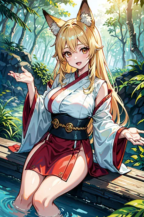 detailed background, 1girl, solo, blonde hair, brown eyes, fox ears, fox girl, hanfu, silk, long sleeves, open mouth, smile, fang, looking at viewer, (reaching:1.3), (milf:1.2), (mature female:1.2), (aged up:1.2), (large breasts:1.3),
BREAK,
lush mangrove forest, tangled roots, brackish water, diverse wildlife, dappled sunlight, gentle lapping waves, mysterious shadows