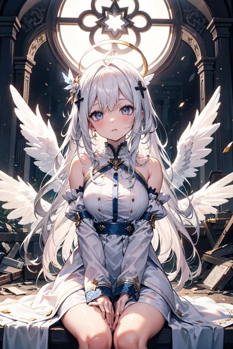 best quality, masterpiece, ultra-detailed, illustration, (beautiful detailed eyes), beautiful, amazing, detailed eyes, (detailed skin), (oily skin), 1girl,solo,angel girl, tattered church, rubble, scattered glass,white hair, long hair, fluttering hair, halo, ahoge, splendid priestly clothes, big wings, white wings, sit, waliza, hands between legs,looking up , particle , whole body, cowboy shot,moonlight, natural light,{{{{masterpiece}}}}, {{{hyper detailed}}}, {{{highres}}}, {{{8k}}}, {{perfect body}}, {{beautiful detailed eyes}}, {{colorful}}, {{vivid color}}