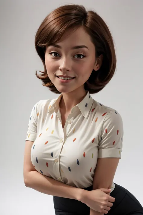 a close up of a woman with a short hair and a shirt