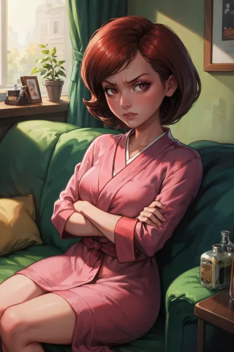 masterpiece, best quality, 1girl, solo, looking at viewer, breasts, <lora:helenparr-guy-v3:.9>, helenparr, robe, sitting, on couch, crossed arms, angry, indoors, living clothes, pink robe,