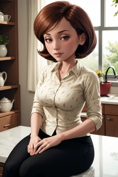 masterpiece, best quality, 1girl, solo, looking at viewer, breasts, <lora:helenparr-guy-v3:1>, helenparr, polka dot, collared sh...