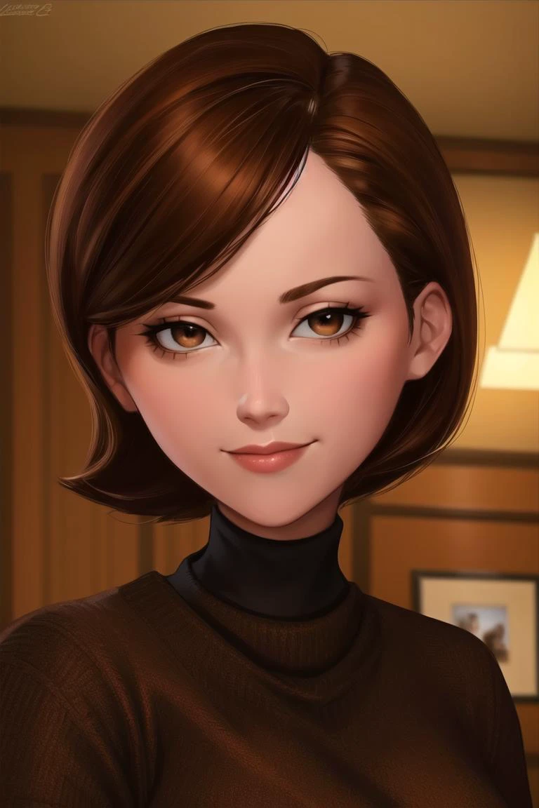 helen parr, Obra maestra, mejor calidad, solo, Pelo castaño, Ojos cafés, suéter tipo con cuello de tortuga, suéter, sonrisa, cabello corto, suéter tipo con cuello de tortuga suéter, black suéter, 1 chica, parte superior del cuerpo, boca cerrada, adentro, retrato, black suéter,