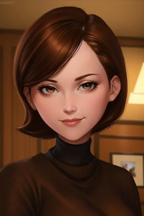 helen parr, masterpiece, best quality, solo, brown hair, brown eyes, turtleneck, sweater, smile, short hair, turtleneck sweater, black sweater, 1girl, upper body, closed mouth, indoors, portrait, black sweater,