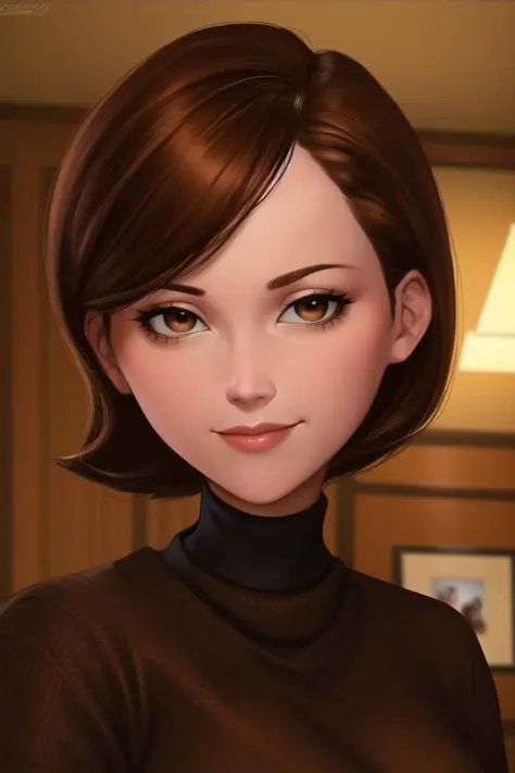 <lora:helen_parrv2:0.8>, helen parr, masterpiece, best quality, solo, brown hair, brown eyes, turtleneck, sweater, smile, short hair, turtleneck sweater, black sweater, 1girl, upper body, closed mouth, indoors, portrait, black sweater,