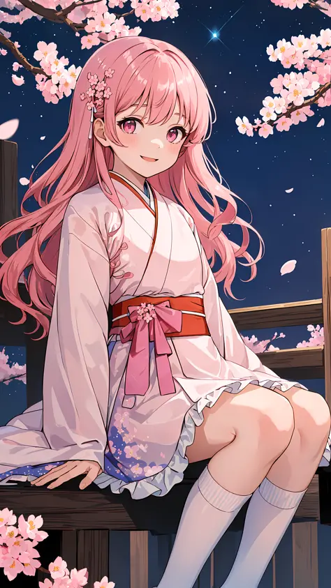 (masterpiece, best quality:1.4),looking at viewer, shiny skin, happy face, sunlight, night, stars in sky, light, (hanbok:1.2), frills, short dress,
pink theme, blue theme, cherry blossoms, pink hair, pink eyes, sitting, wavy hair, long hair,