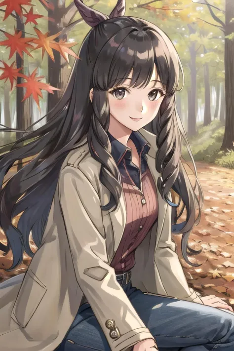 <lora:sumia-nvwls-v1:0.8>, sumia, 1girl, solo, looking at viewer, smile, overcoat, forest background, autumn, jeans