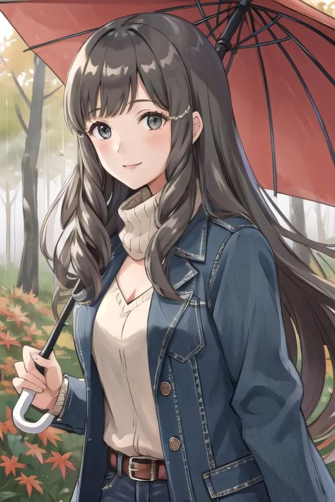 <lora:sumia-nvwls-v1:0.8>, sumia, 1girl, solo, looking at viewer, smile, overcoat, forest background, autumn, jeans, umbrella, holding umbrella, rain, upper body