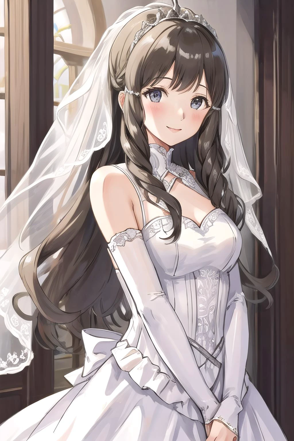 sumia, 1girl, solo, looking at viewer, smile, wedding dress, bride, white dress, bridal veil, standing, upper body