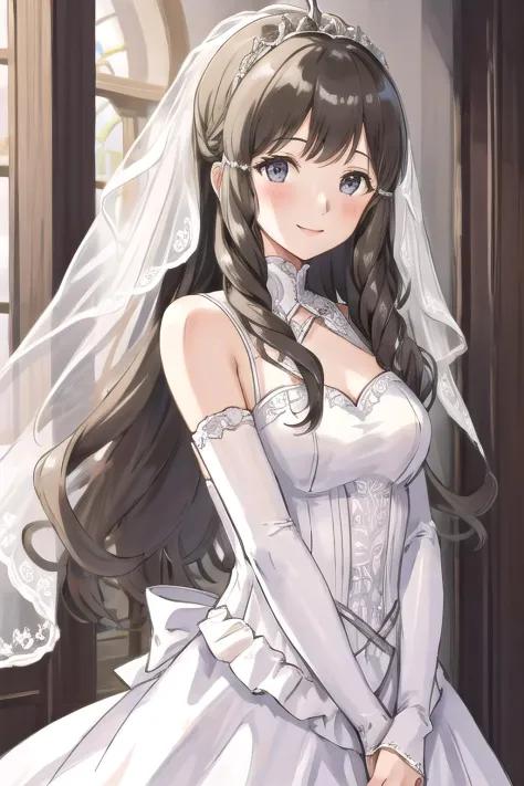 <lora:sumia-nvwls-v1:0.8>, sumia, 1girl, solo, looking at viewer, smile, wedding dress, bride, white dress, bridal veil, standin...