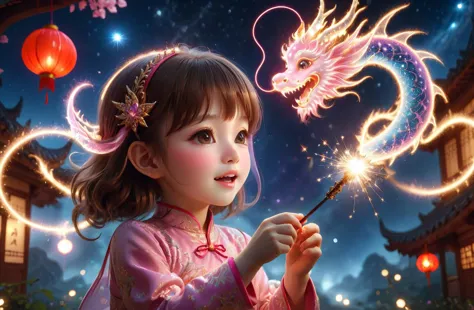 a girl holding a sparkler in front of a dragon