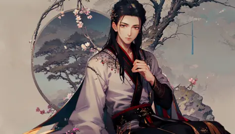 masterpiece, best quality, extremely detailed, detailed background, detailed face, hanfu, long hair, black hair, 1boy, chinese c...