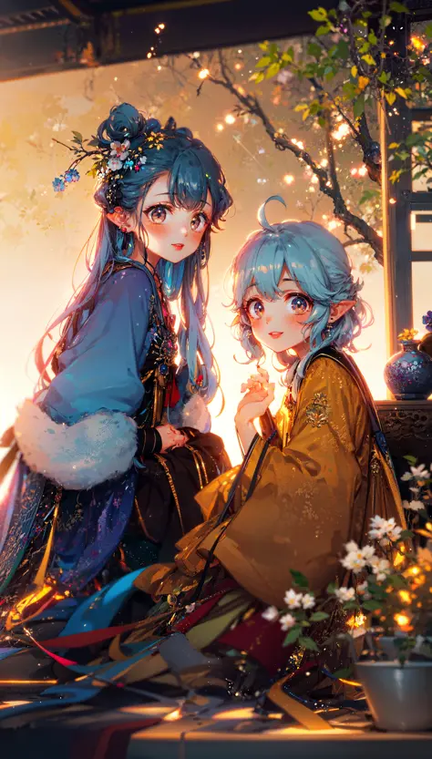 masterpiece, best quality, extremely detailed, detailed background, detailed face, 2girls, [light blue hair|blue hair|white hair], [white eyes|blue eyes], pointy ears, blush, [straight hair|wavy hair], (messy hair, fluffy hair, long hair:1.1), scenery, atmospheric lighting, light rays, bokeh, depth of field, sparkle, red lips, child, hanfu, branch, malus flower, jewelry, morning, light smile, wide sleeves, glowing, malus tree, spring, east asian architecture, malus blossoms, rooftop, sitting on rooftop, from side, smile, happy,