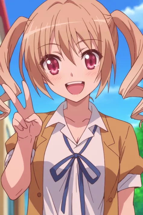 anime girl with pigtails and a tie making a peace sign