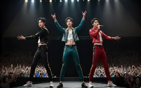 Una foto de un popular grupo de chicos de K-pop en concierto., Pantalones largos, Vistoso, tomado de la multitud, Bailando y cantando en el escenario, BREAK (detalle increíble), piel real, Alta resolución, 16k, hdr, granoso, Fujifilm XT3, lente de 115 mm