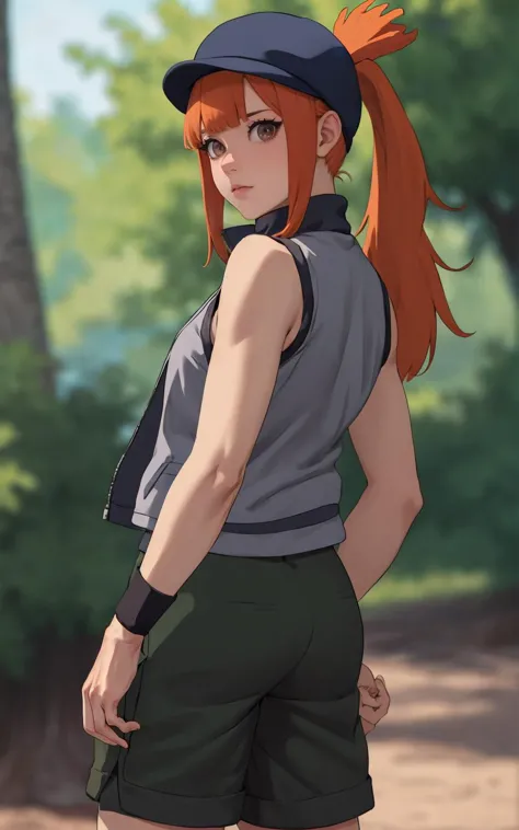 ((masterpiece, best quality)), insaneres, absurdres, solo,  vanishing point, 
NARUTO_Kunoichi_Sasame_ownwaifu, 
1girl, long hair, orange hair, blunt bangs, hat, brown eyes, sidelocks, blue headwear,  ponytail, topknot, 
sleeveless, vest, shorts, bare shoulders, jacket, turtleneck, bare arms, bike shorts, black shorts, grey shirt, sleeveless shirt, wristband,
(contrapposto, looking back)<lora:NARUTO_Kunoichi_Sasame_ownwaifu:0.75>,
outdoors, lens flare, depth of field, bokeh, embers, looking at viewer,