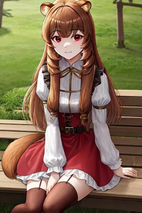 anime girl sitting on a bench with a cat on her shoulder