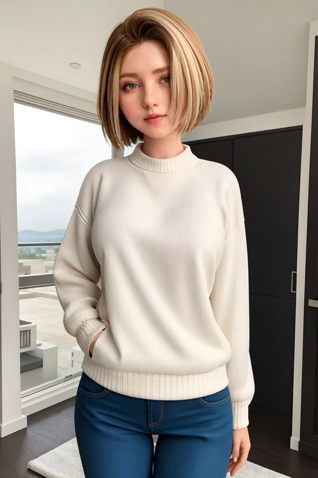 masterpiece,(best quality:1.2),girl,haircut,sweater,