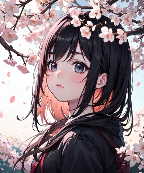 best quality,  cinematic light,  detailed background,extremely detailed,depth of field,girl,cherry blossoms, landscape,