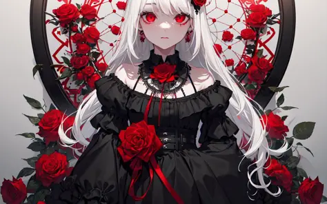 (best quality, masterpiece), (1girl, solo, black dress, standing , looking at viewer, white hair, red eyes, holding rose, upper ...
