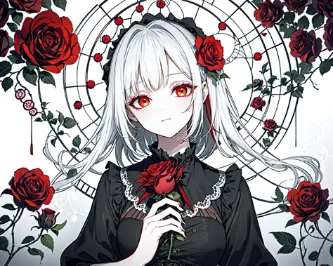 (best quality, masterpiece), (1girl, solo, black dress, standing , looking at viewer, white hair, red eyes, holding rose, closed mouth, upper body), (red dreamcatcher behind, red flower, )