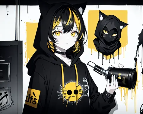 (best quality, masterpiece), (1girl, solo, cat ear black hood, standing, yellow eyes, black hair, leaning, upper body), (less light, black yellow room, Yellow graffiti behind, disorderly spray cans),