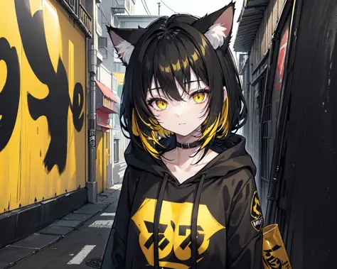 (best quality, masterpiece), (1girl, solo, cat ear black hood, standing, yellow eyes, black hair, leaning, upper body), (less light, black yellow room, Yellow graffiti behind, disorderly spray cans)