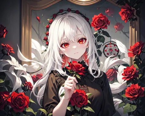 (best quality, masterpiece), (1girl, solo, black dress, standing , looking at viewer, white hair, red eyes, holding rose, closed mouth, upper body), (red dreamcatcher behind, red flower, )