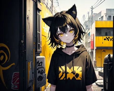 (best quality, masterpiece), (1girl, solo, cat ear black hood, standing, yellow eyes, black hair, leaning, upper body), (less li...