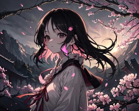 (best quality, masterpiece),(1girl, miko, coat, expression face, black eyes, looking at front ,black hair, walking, upper body), (night strray sky, huge old tree behind, falling glowing pink petals behind, shrine behind, mountain background, blowing wind, meteoric cloud)