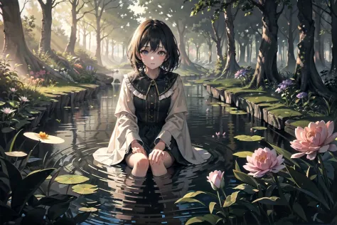 grainy, masterpiece, extremely detailed,  absurdres, intricate detail, kodak porta, girl sitting on log in shadow, pond, forest, flowers, sun rays, natural lighting