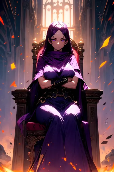 a woman sitting on a throne with a purple cape on