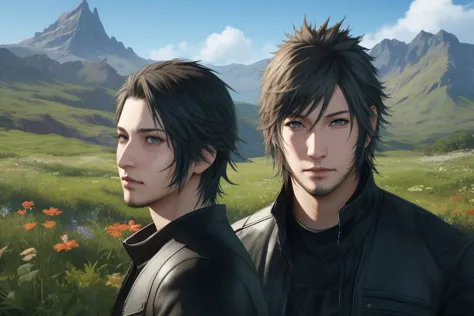 two anime guys standing in a field with mountains in the background