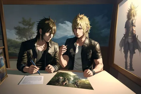 two anime characters sitting at a table with a book and pen