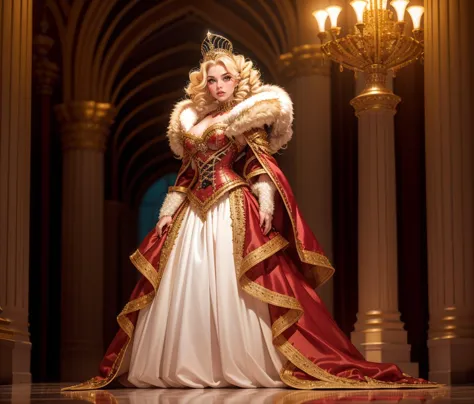 a woman in a red and white dress and a crown