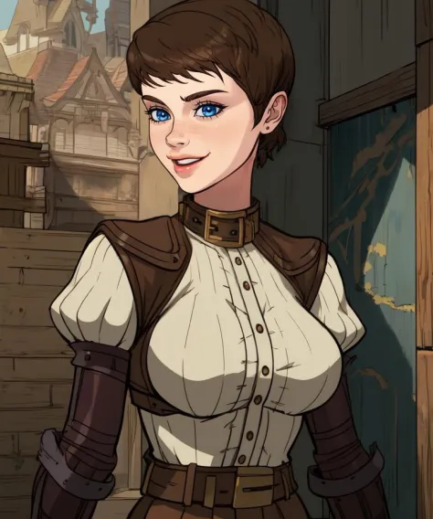 jackwh,lips,blue eyes,very short hair,
elbow gloves,leather armor,white shirt,brown pants,brown collar,
standing,upper body,smile,
town,
(insanely detailed, beautiful detailed face,beautiful detailed eyes, masterpiece, best quality),<lora:jackWH:0.8>,