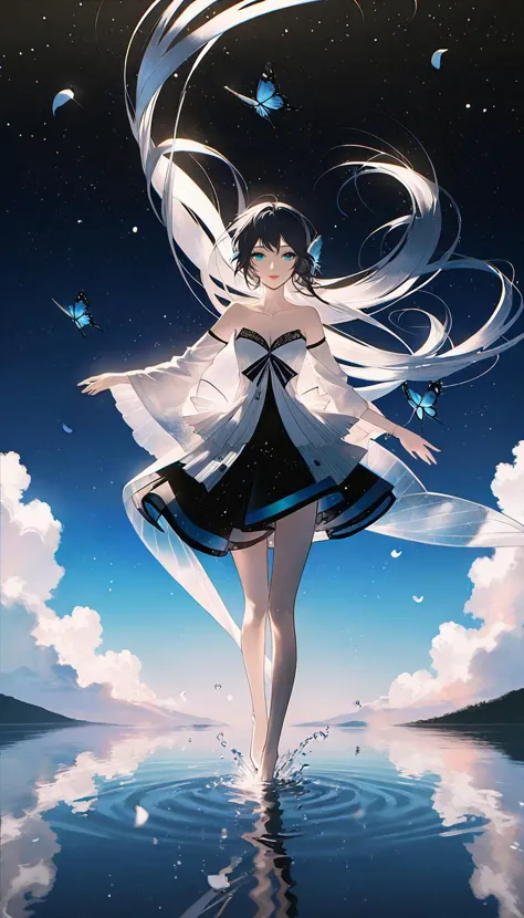 by rella, by Yoshitaka Amano, <lora:Rella:0.35>,
1girl, 
beautiful face, flat chest, splashing collarbone, detailed long hair, floating hair,
strapless, bare shoulders, open shirt, 
standing on lake, looking at viewer, ripples, soft shadows, blue sky, cloud, cloudy sky, starry sky, space, nebula, water, petals, Butterfly, Blue Butterfly,
dynamic angle,
[3d:3d:0.6], 
beautiful, aesthetic, elegance, detailed, intricate details, absurdres, beautiful color,
masterpiece, amazing quality, best quality, high quality, 4K, 8K, 64K, UHD,