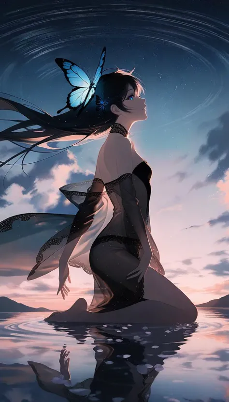 by rella, by Yoshitaka Amano, 1girl, 
beautiful face, parted lips, flat chest, splashing collarbone, detailed long hair, floating hair, wind effect,
strapless, bare shoulders, open shirt, designed by Peter Sculthorpe,
standing on lake, water, barefoot, ripples, soft shadows, blue sky, cloud, cloudy sky, starry sky, space, nebula, aurora, milky way, petals, flowers, Butterfly, Blue Butterfly, particle,
looking away, from side,
[3d:flat color:0.6], 
beautiful, aesthetic, elegance, ethereal beauty, transparent, clarity, detailed, intricate details, absurdres, beautiful color,
masterpiece, amazing quality, best quality, high quality, 4K, 8K, K, UHD,