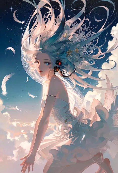 by rella, by Victo Ngai, break
1girl, detailed long hair, floating hair, wind effect, multicolored hair, transparent, reflective, beautiful and breathtaking hairstyle, (intricate detailed hair:1.4), flipped hair, pinterest hairstyles, hairstyle inspired by Sussanne Khan and Avery Singer,  crazy alternate hairstyle, break
angel wing, barefoot, strapless, bare shoulders, white dress, headphone,
break
flying, clear blue sky, cloud, cloudy sky, star, star(sky), feathers, music, music is playing,
BREAK
clarity, hyper emotional,
BREAK
 from side, looking at viewer,
break
beautiful, aesthetic, detailed, beautiful color, 
break
amazing quality, best quality, high quality,