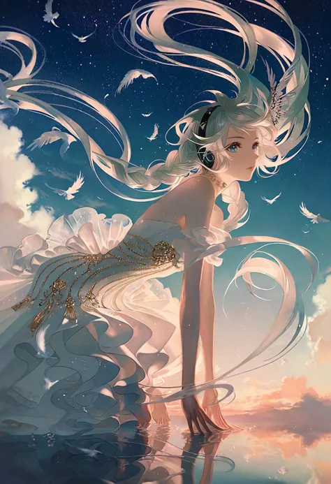 by rella, by Victo Ngai, break
1girl, detailed long hair, floating hair, wind effect, multicolored hair, transparent, reflective, beautiful and breathtaking hairstyle, (intricate detailed hair:1.4), quad braids, pinterest hairstyles, hairstyle inspired by Donatella Versace and Edmond Hamilton,  crazy alternate hairstyle, break
angel wing, barefoot, strapless, bare shoulders, white dress, headphone,
break
flying, clear blue sky, cloud, cloudy sky, star, star(sky), feathers, music, music is playing,
BREAK
clarity, hyper emotional,
BREAK
 from side, looking at viewer,
break
beautiful, aesthetic, detailed, beautiful color, 
break
amazing quality, best quality, high quality,